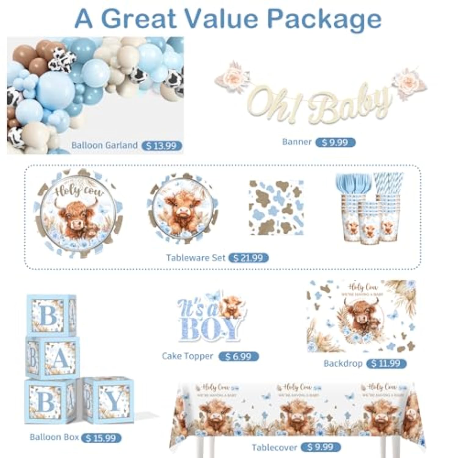 241Pcs Highland Cow Baby Shower Decorations For Boy, One-Stop Package Includes 40 Plates 2 Tablecloths 1 Sash And 1 Pin, Complete Balloon Arch Tableware Set For Baby Shower