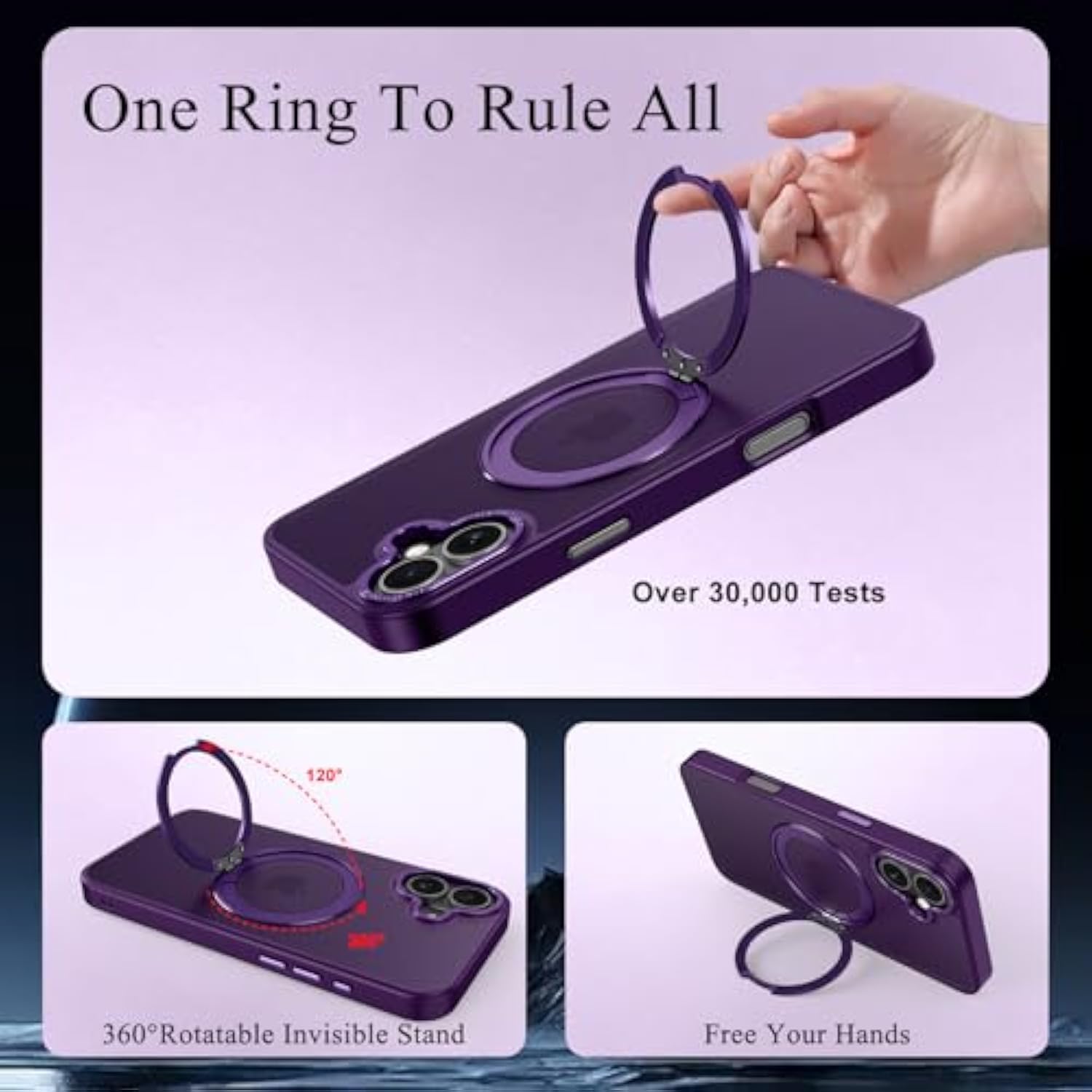 Strong Magnetic For Iphone 16 Plus Case With Stand,Fit For Magsafe,360°Rotatable Ring Designed,Translucent Matte Texture Protective Military Grade Shockproof,All Purple