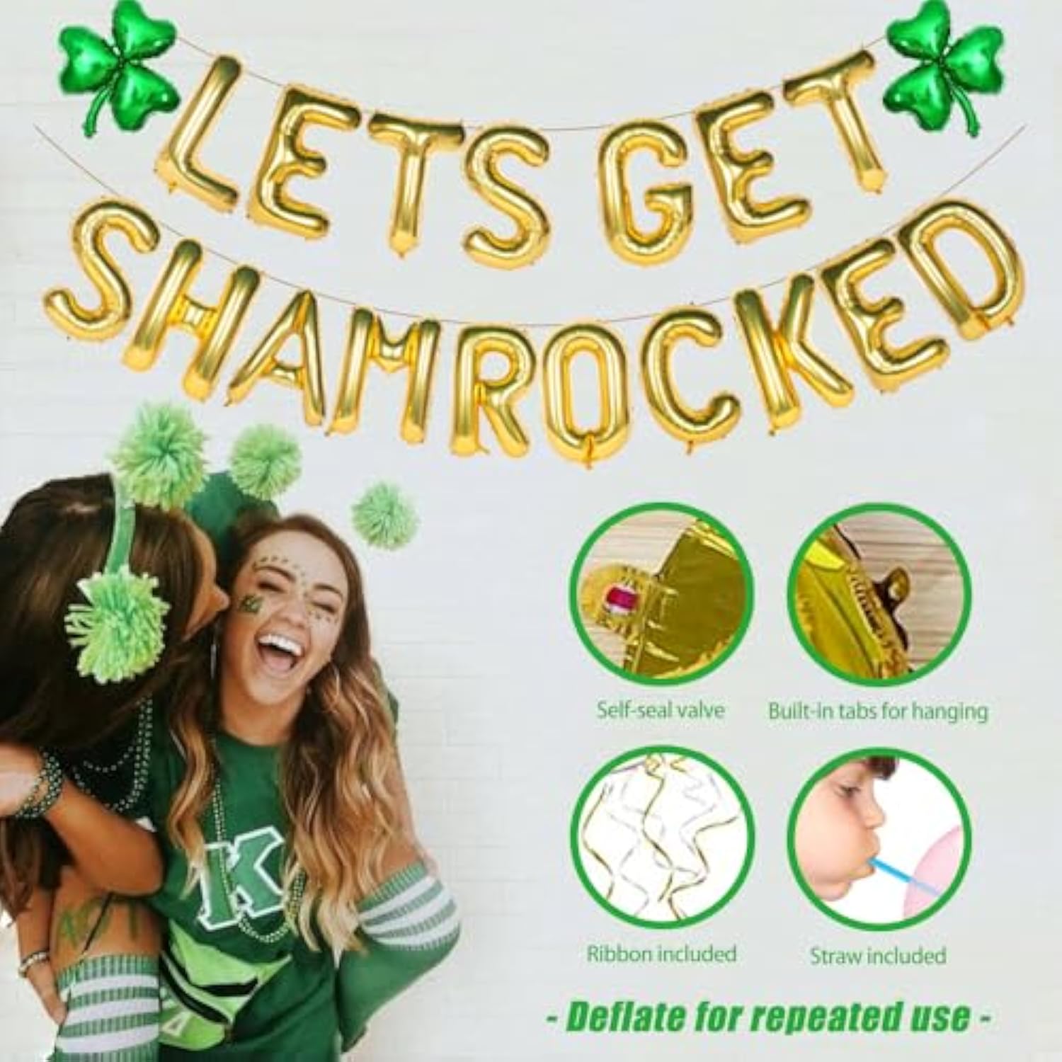 Let'S Get Shamrocked Gold Letter Balloons, Gaint 16 Inch St. Patrick'S Day Decorations With 2Pcs 18 Inch Green Clover Foil Balloon Set Irish Festival Holiday Party Favor For Spring Parade Celebration