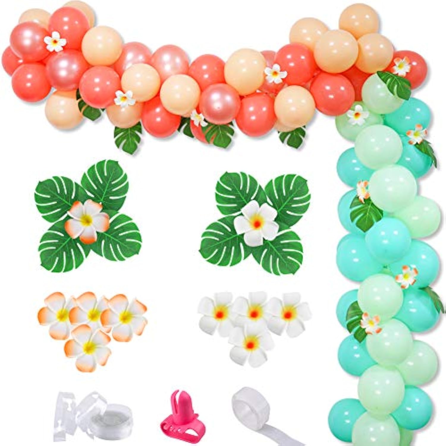 Tropical Luau Balloon Arch Kit with Palm Leaves & Plumeria