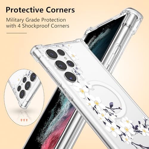 Magnetic Case For Samsung Galaxy S22 Ultra [Work With Magsafe] Clear Floral Flower Pattern Print Design Flexible Acrylic Shockproof Cover Flower Protective Phone Case, Purple Peony