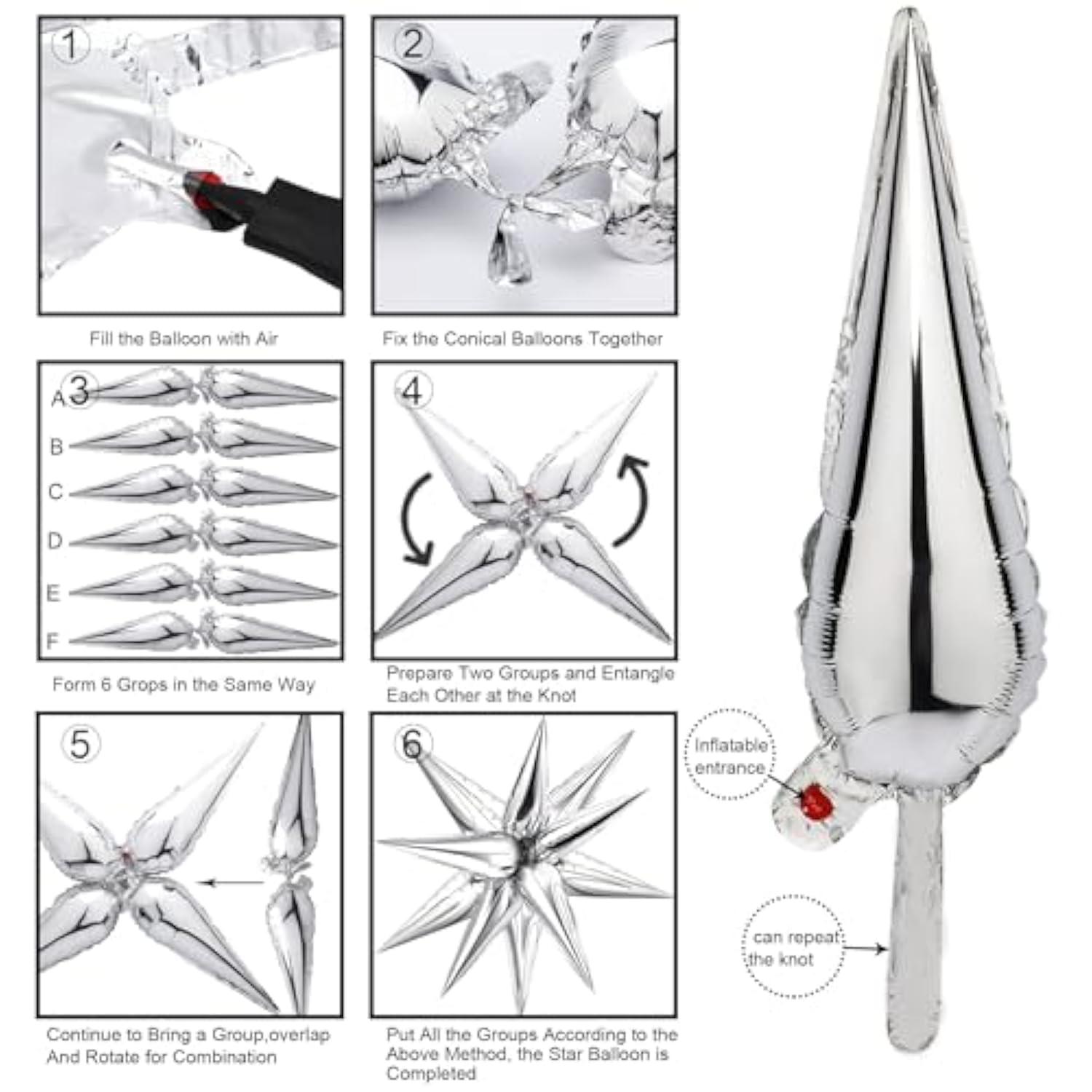 72 Pcs Explosion Star Foil Balloons 12 Point Silver Starburst Cone Mylar Balloons For Party Supplies Christmas Birthday Wedding Baby Shower Photo Booth (Silver)