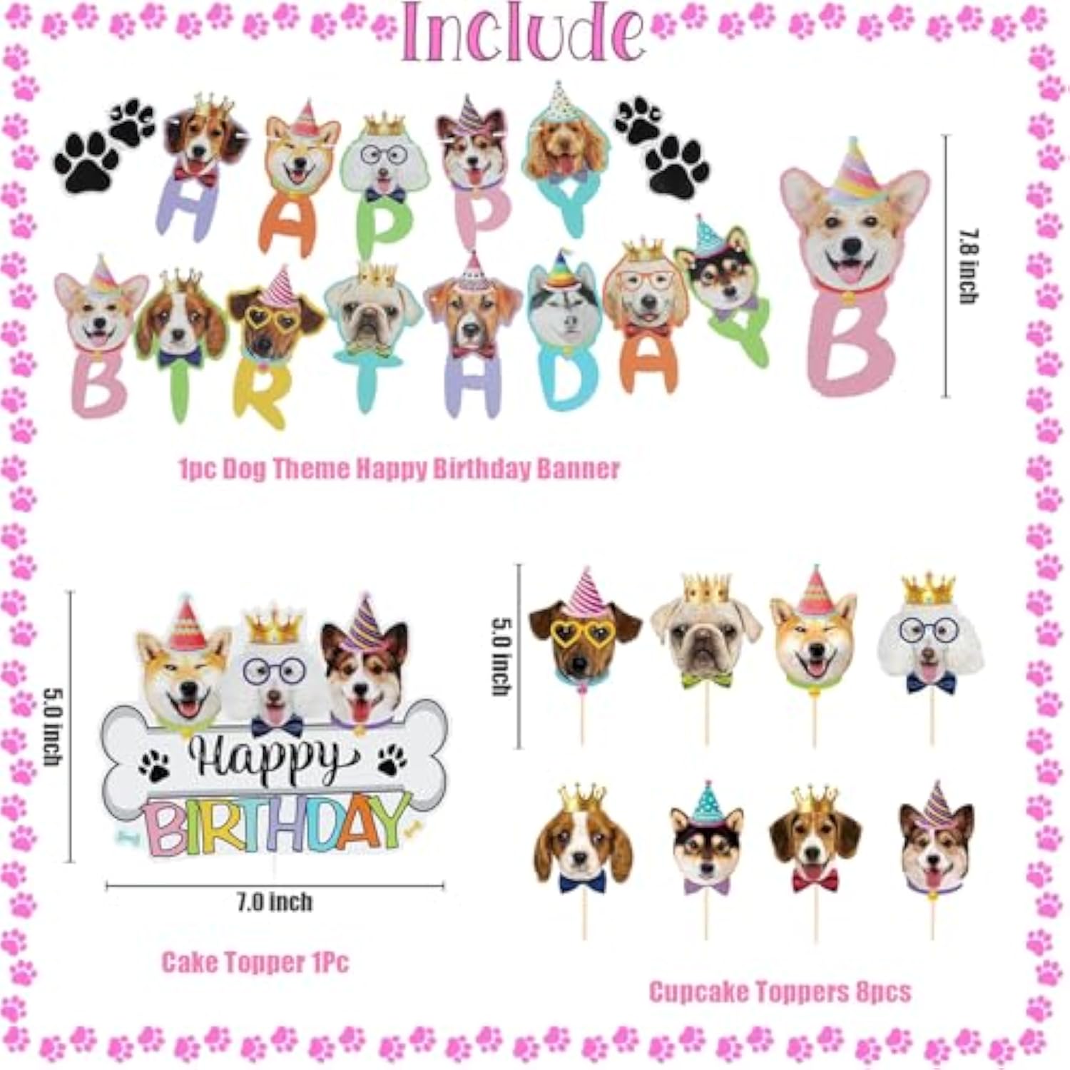 Dog Birthday Party Decor "Let's Paw-ty" Banner, Paw Print Balloons & Cake Toppers