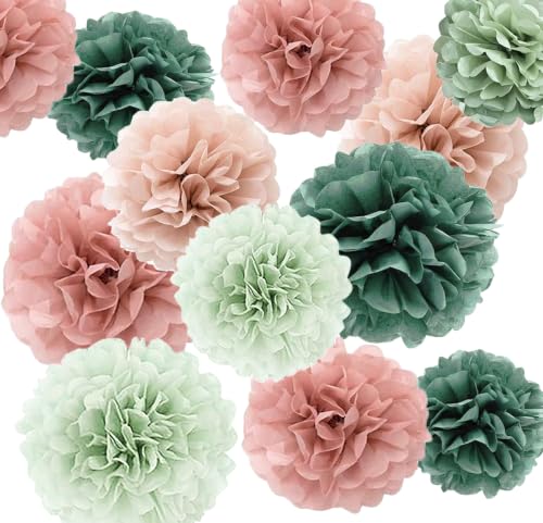 Tissue Paper Pom Poms Kit Paper Flowers 12pieces for Gender Baby Shower Wedding Bridal Bachelorette Birthday Party Decorations (Boho Green + Dusty Pink)