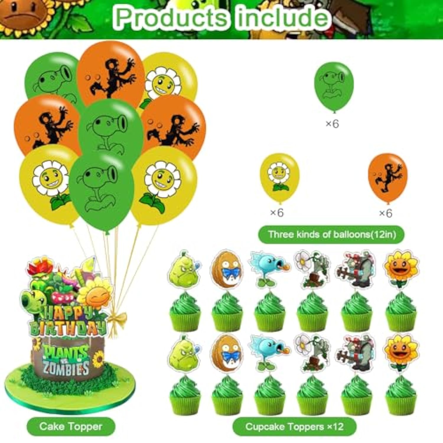 Plants Game Party Decorations,Players Pvz Birthday Party Supplies Includes Banner - Cake Topper - 24 Cupcake Toppers - 18 Balloons