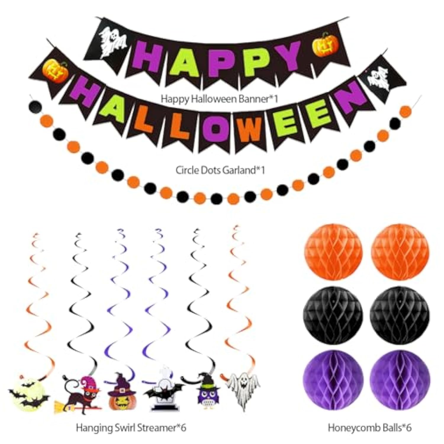 Happy Halloween Banner Orange Purple Black Honeycomb Ball Garland Party Decor