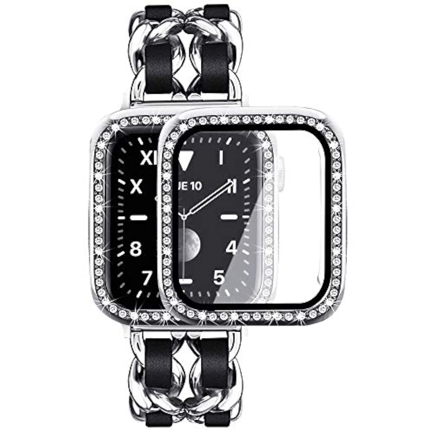 Compatible For Apple Watch Band 40Mm With Screen Protectors Case Women, Jewelry Bracelet Metal Bands With 2-Pack Bling Case Cover For 40Mm Iwatch Series Se 6 5 4(Silver Link With Black Leather)