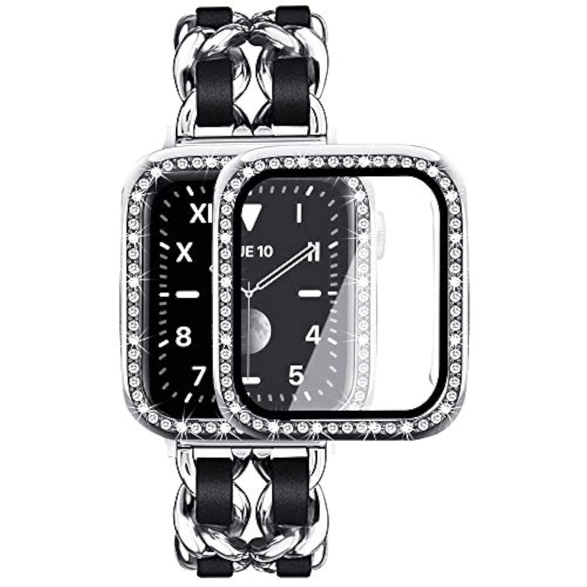 Compatible For Apple Watch Band 40Mm With Screen Protectors Case Women, Jewelry Bracelet Metal Bands With 2-Pack Bling Case Cover For 40Mm Iwatch Series Se 6 5 4(Silver Link With Black Leather)