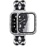 Compatible For Apple Watch Band 40Mm With Screen Protectors Case Women, Jewelry Bracelet Metal Bands With 2-Pack Bling Case Cover For 40Mm Iwatch Series Se 6 5 4(Silver Link With Black Leather)