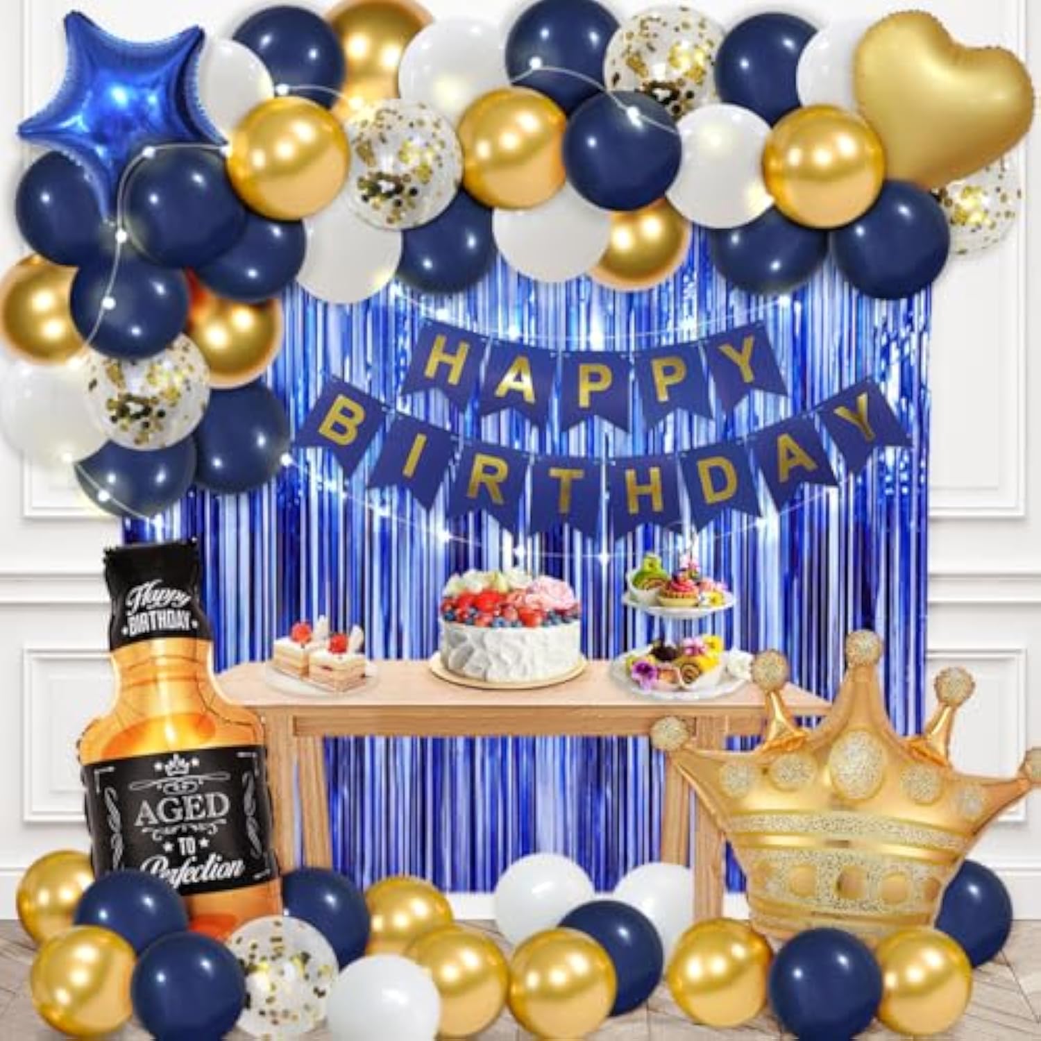 Navy Blue Birthday Decorations For Men With Happy Bithday Banner, Curtains, Bottle, Crown, Heart Star Balloons And Led Light For Birthday Party Supplies(Navy-Blue)
