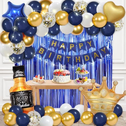 Navy Blue Birthday Decorations For Men With Happy Bithday Banner, Curtains, Bottle, Crown, Heart Star Balloons And Led Light For Birthday Party Supplies(Navy-Blue)