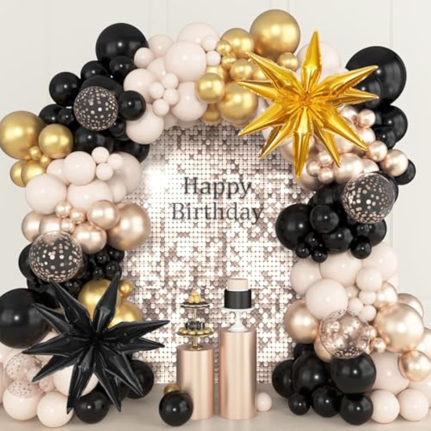 145Pcs Black And Gold Balloons Garland Arch Kit, 18''12''5'' White Sand Metallic Champagne Balloon With Star Foil Balloons For Birthday Baby Shower Boho Wedding Graduation Party Decorations