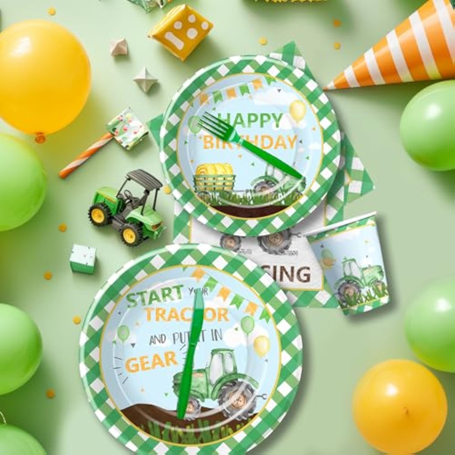 Tractor Birthday Plates And Napkins Party Supplies - Farm Theme Green Tractor Birthday Decorations Tableware, Paper Plate, Cup, Napkin, Disposable Fork | Serves 24