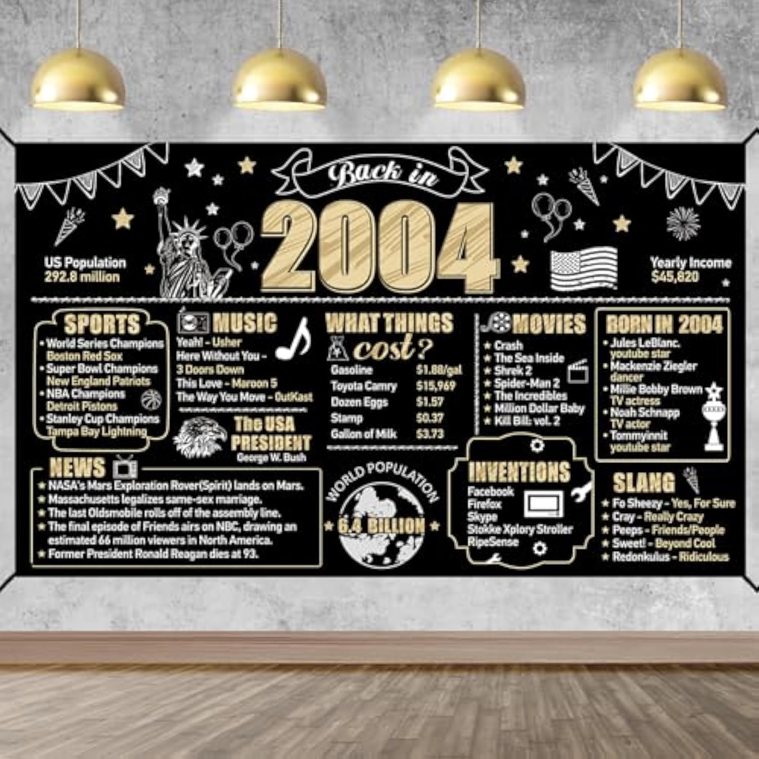 21st Birthday Banner — Black & Gold “Back in 2004” Photo Backdrop for Men & Women