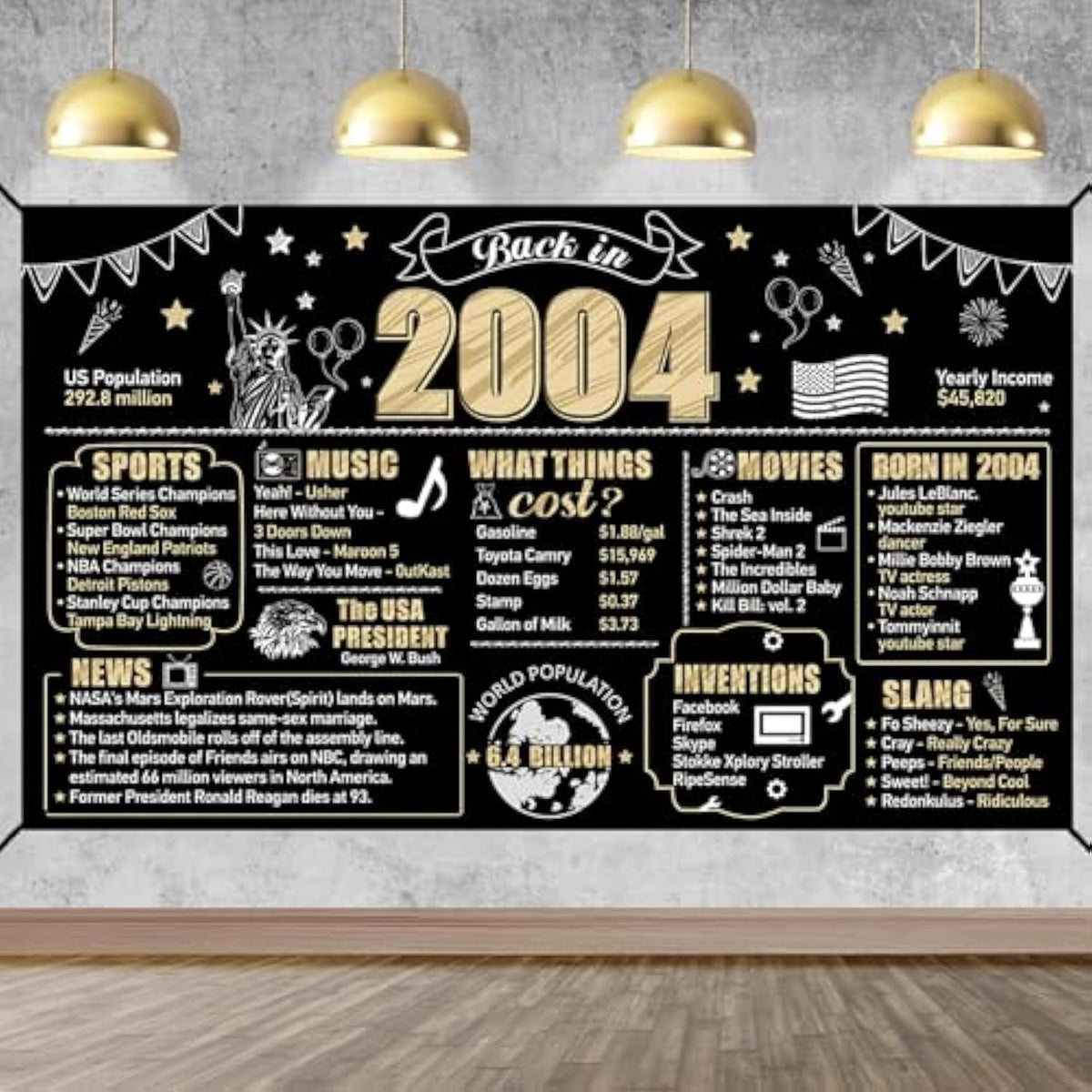 21st Birthday Banner — Black & Gold “Back in 2004” Photo Backdrop for Men & Women