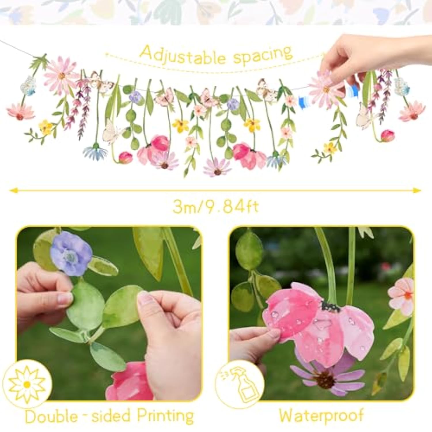 Butterfly Banner Wildflower Party Decorations Paper Flower Leaves Banner Butterfly Garland For Wall Decoration Spring Baby Shower Wedding Backdrop Decorations