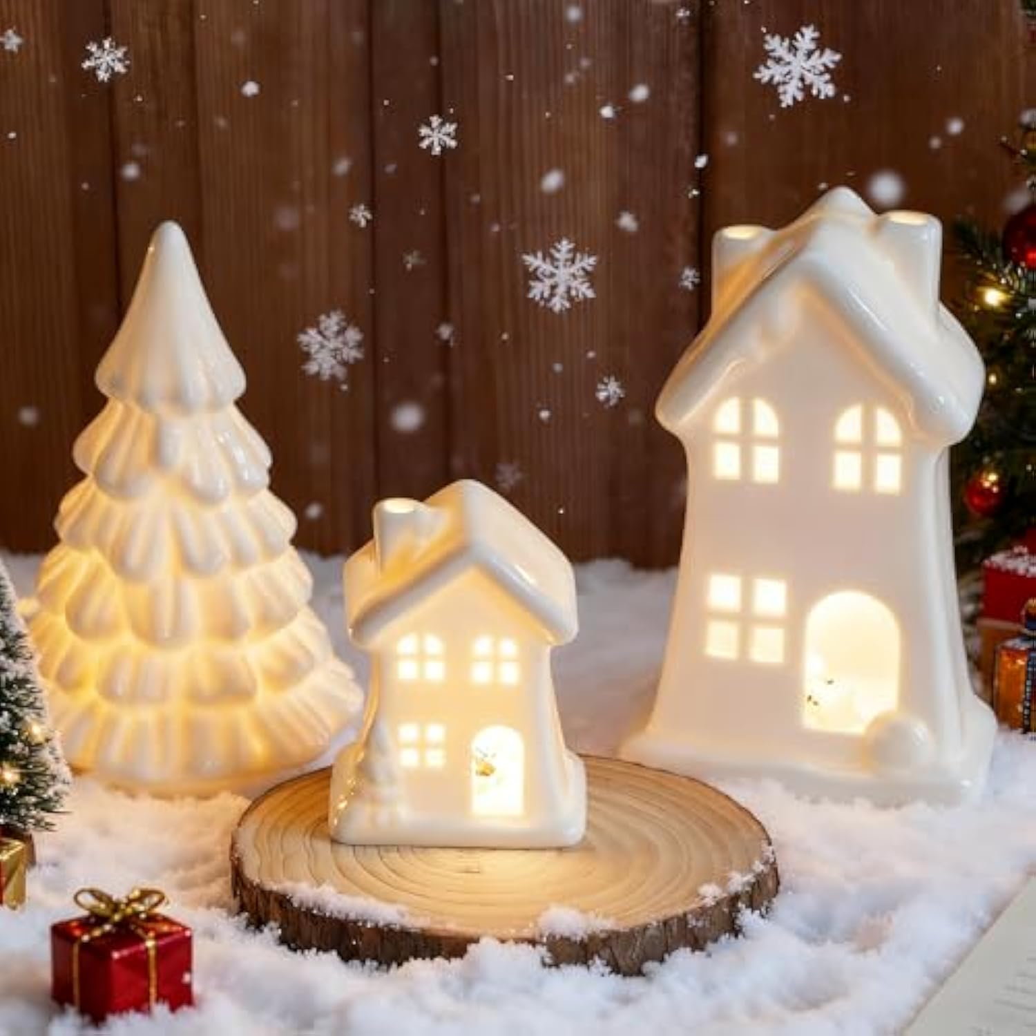 Ceramic Christmas Village Houses, 3Pcs Led Lighted Porcelain White Small House And Xmas Tree Tabletop Figurines, Light Up Christmas Decorations For Home Shelf Cabinet Table Winter Decor