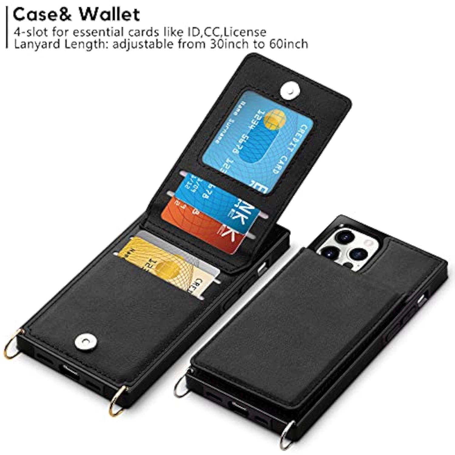 For Iphone 14 Pro Case Wallet Card Holder Leather Pu Flip Cover Folio Lanyard Crossbody Strap Women Girl Magnetic Clasp Kickstand Heavy Duty Protective Cover For Iphone 14 Pro Black