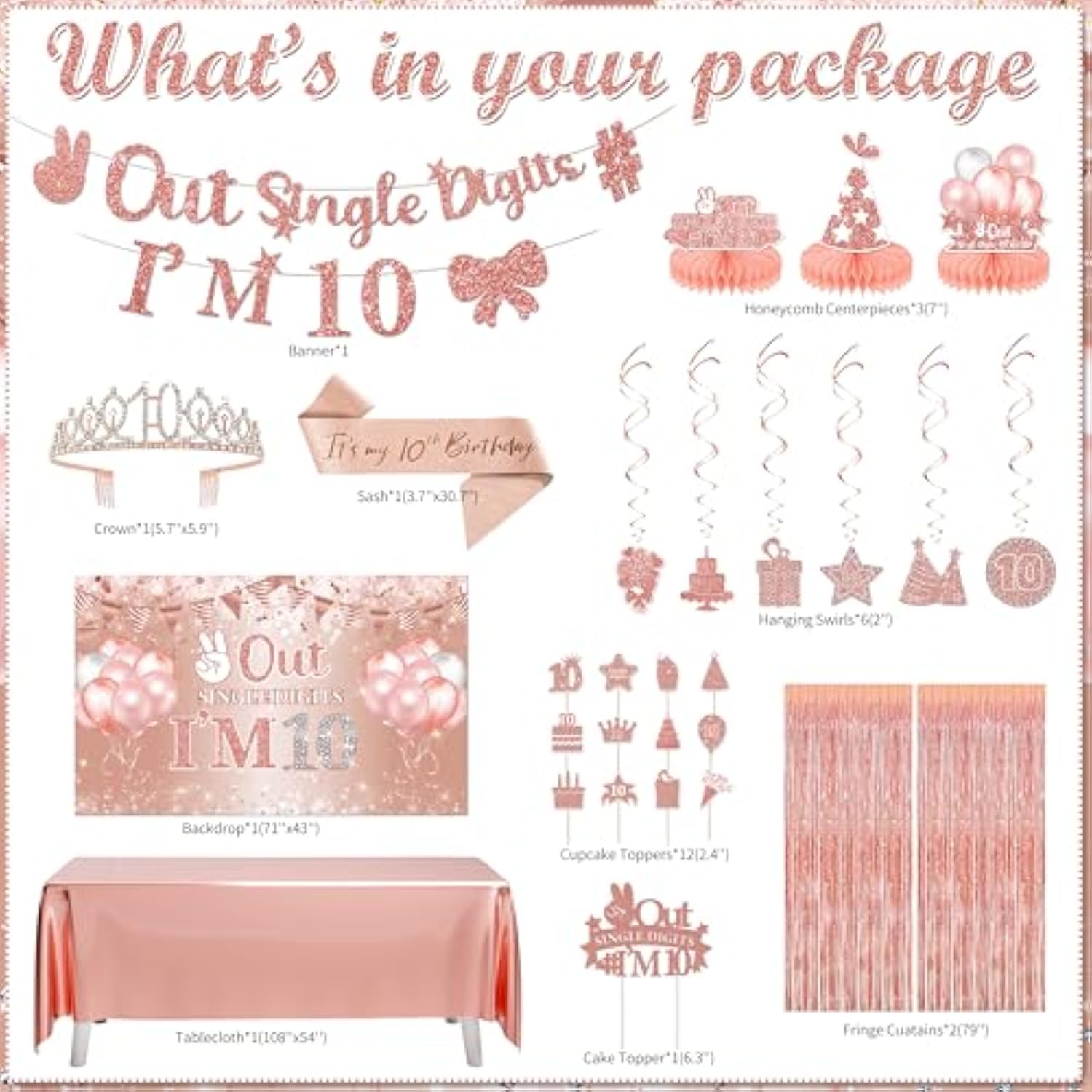 10Th Birthday Decorations For Girls Rose Gold, Peace Out Single Digits Party Decor, Double Digits Party Supplies With Out Single Digits I’M 10 Banner Sash Tiara Backdrop Tablecloth Number 10 Balloon