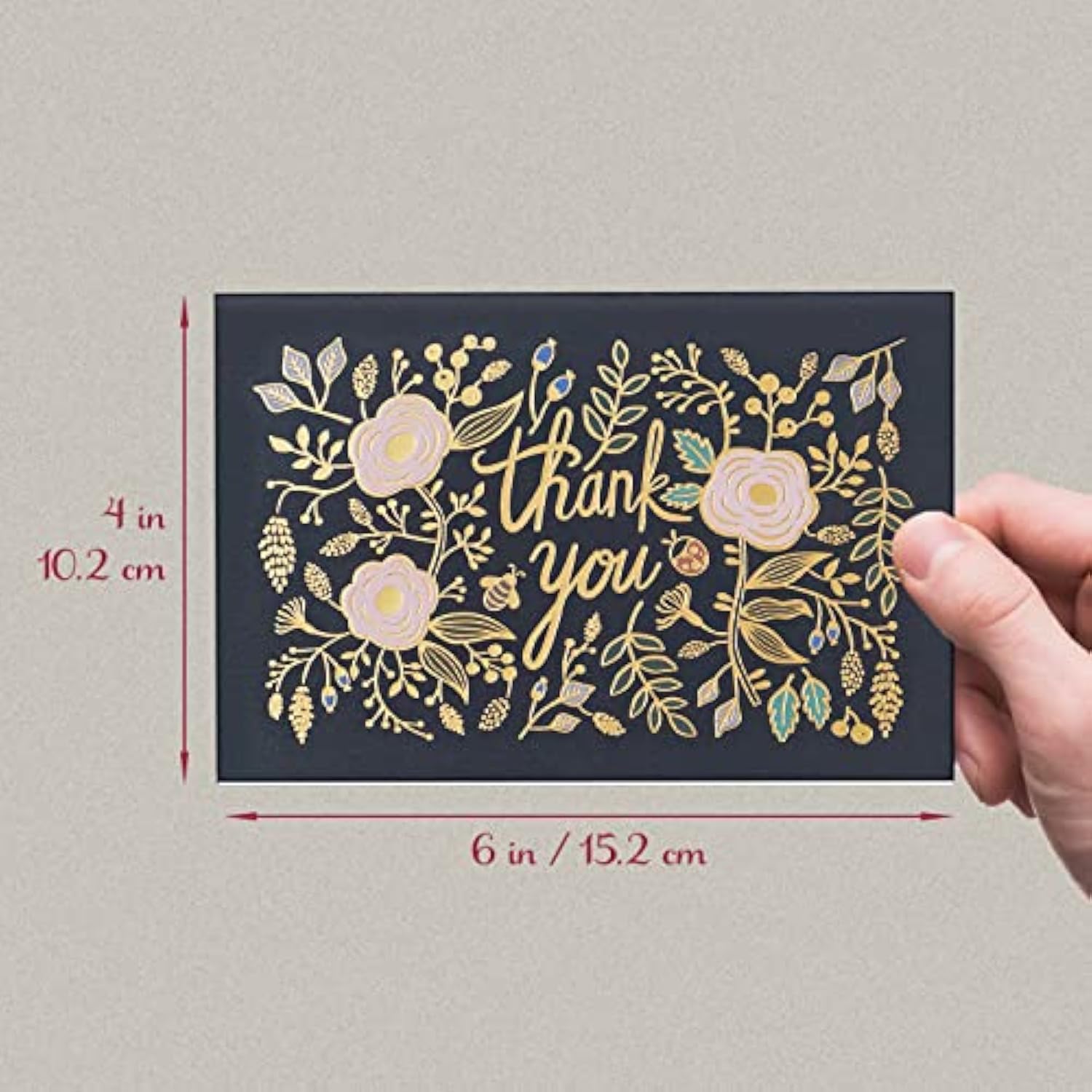 Thank You Cards With Envelopes, 24-Count, Midnight And Gilded Blooms, Gold Foil Floral Design, 4 X 6 Inches, Blank Inside Bulk Notes For Weddings, Baby Showers, Bridal Showers