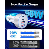 4-Port Usb C Car Charger For Iphone 16E/16/15 Pro Max/Plus, 90W Super Fast Charging Dual Usb-C & Usb-A Car Charger Adapter Cigarette Lighter With 3Ft Usbc Cable For Iphone 16/15, Ipad, Galaxy, Android