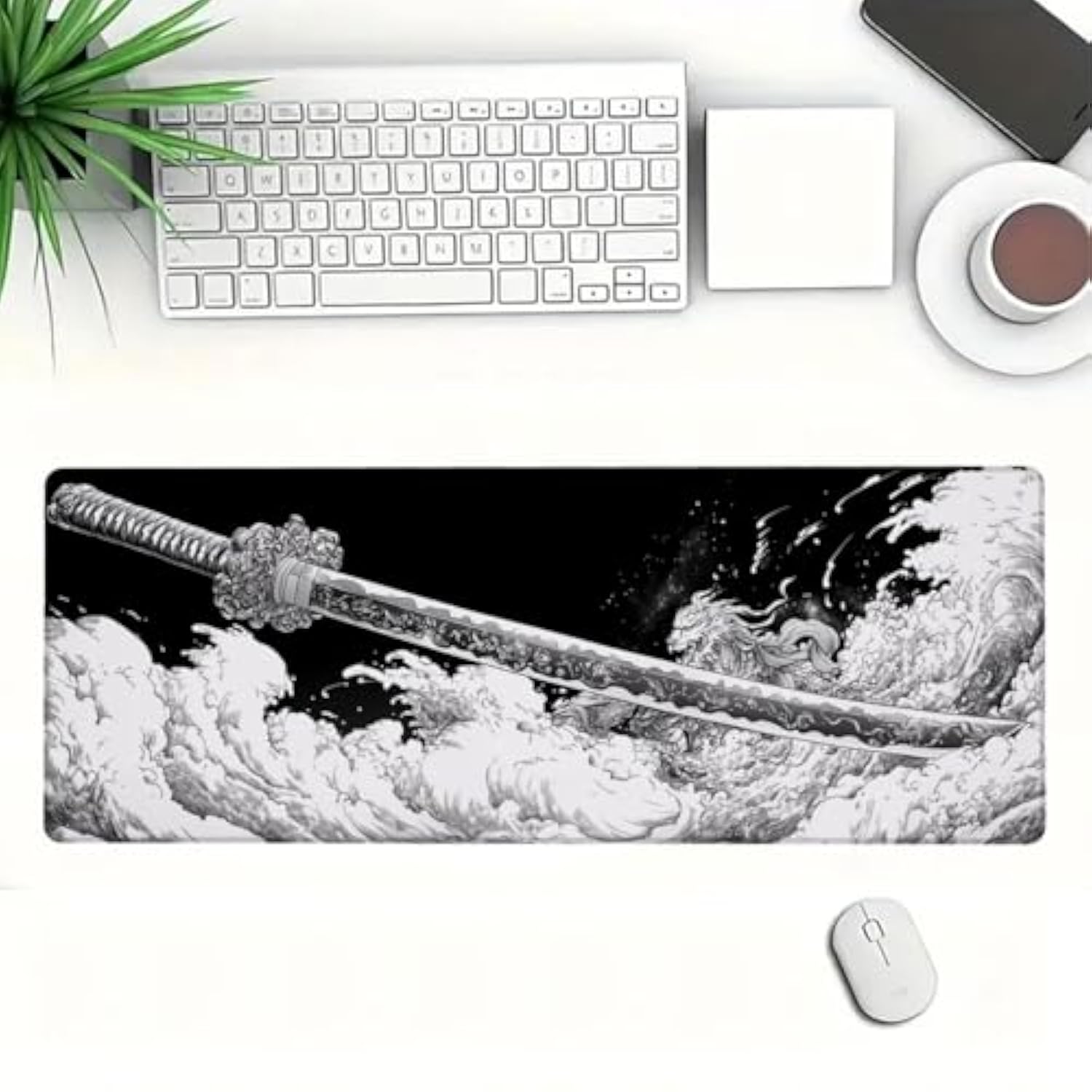 Japanese Samurai Sword Extended Mouse Pad, Black And White Anime Extended Gaming Mouse Pad Mat With Stitched Edge Non-Slip Base Big Mouse Pad, Office Computer Keyboard Laptop Home, 31.5”X11.8”