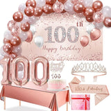 100Th Birthday Decorations Balloon Set Women Arch, Rose Gold 100Th Banner And Party Tablecloth, Belt And Tiara, Pink Gold 100Th Balloon, Pink Birthday Cake Topper, Latex Balloon * 60