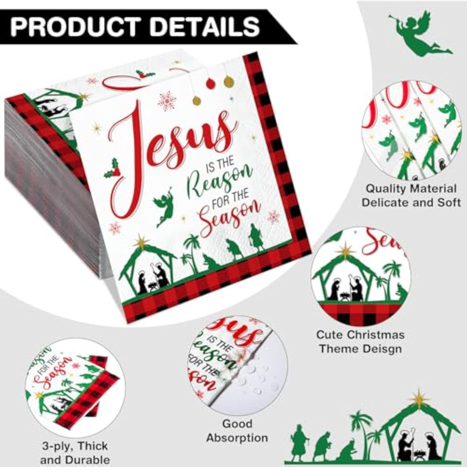 100 Pcs Christmas Nativity Paper Napkins Disposable Jesus Is The Reason For The Season Paper Guest Napkins Xmas Nativity Religious Hand Towels For Christmas Party Nativity Scene(Red,Square)