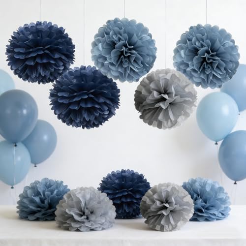 9-Pack Navy Dusty Blue Gray Tissue Paper Pom Poms Hanging Flowers