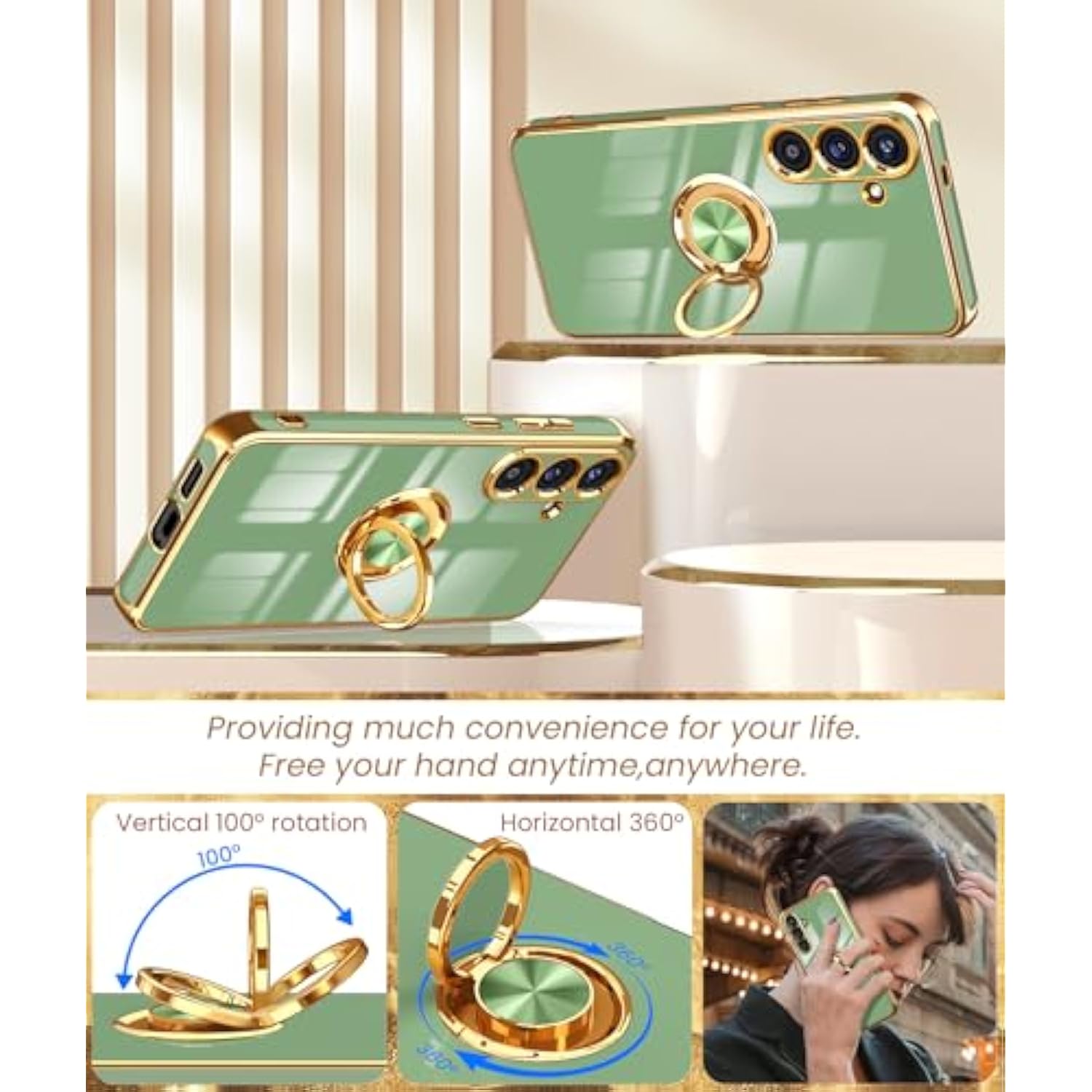 For Samsung Galaxy 25 Plus 5G Case, Screen Protector, 360°Rotatable Ring Holder Magnetic Kickstand,Plated Gold Edge Slim Soft Tpu Protective Phone Case Cover For Galaxy 25+ (Matcha Green)