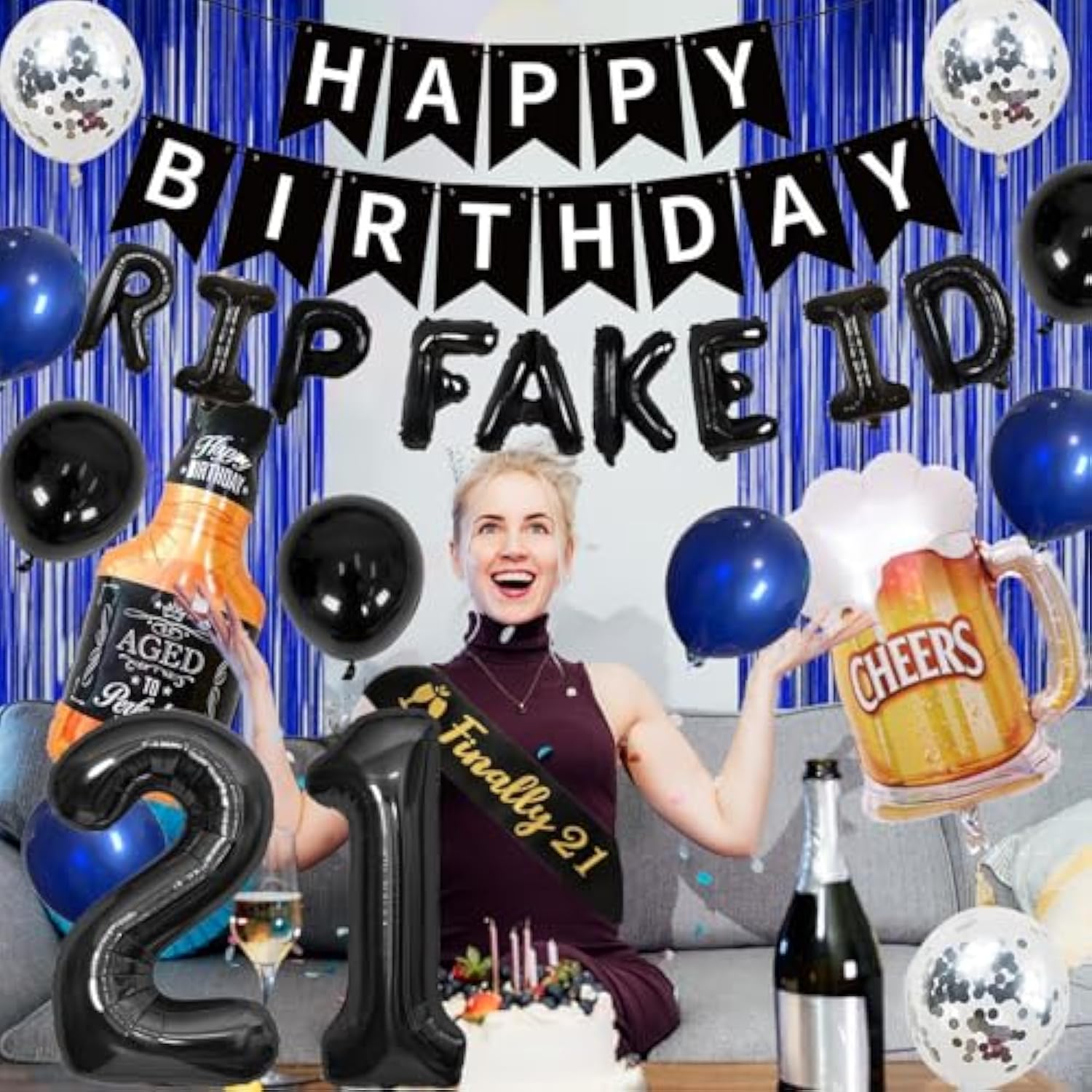 21St Birthday Party Decorations, Blue And Black Happy 21St Birthday Sash Banner Balloons Fringe Curtain Kit For Her Him, 21 Years Old Party Background Backdrop