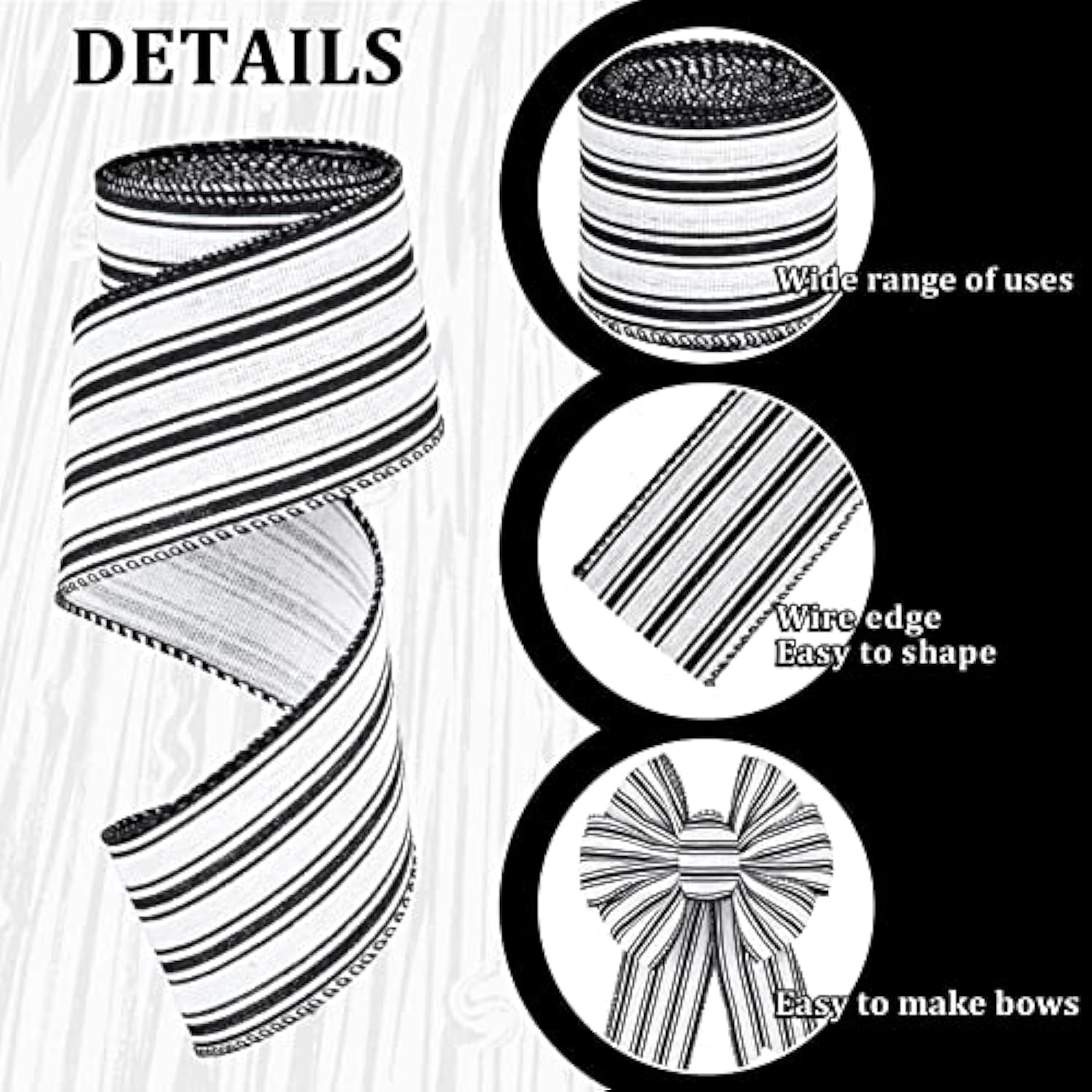 2 Rolls Farmhouse Wired Edge Ribbon White Black Striped Fabric Ribbon