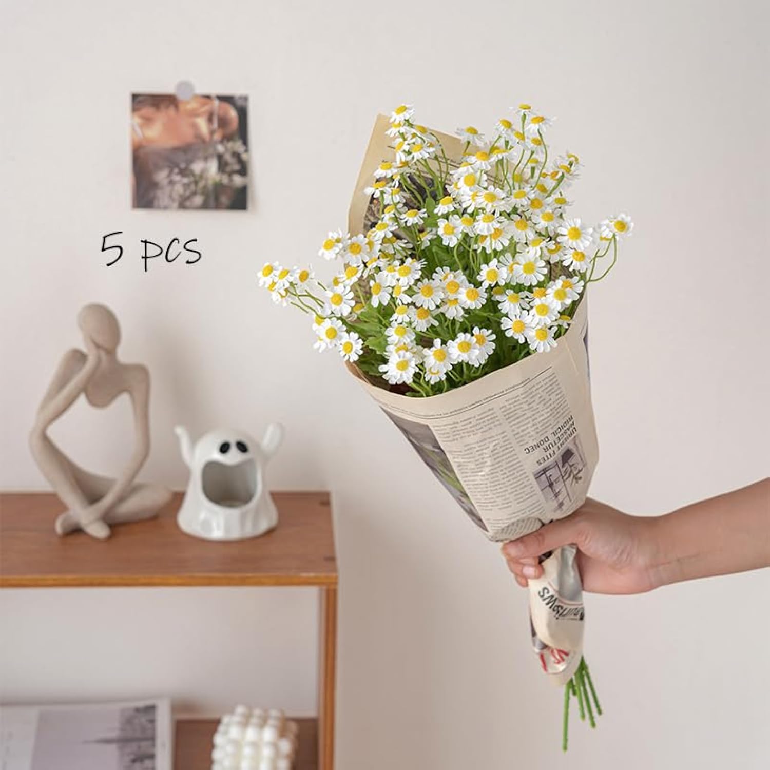Realistic Daisy Flowers Artificial 7 Pcs 20.4 In Fake White Daisies Chamomile Flower Whith Leaves,For Home Table Centerpieces Decor