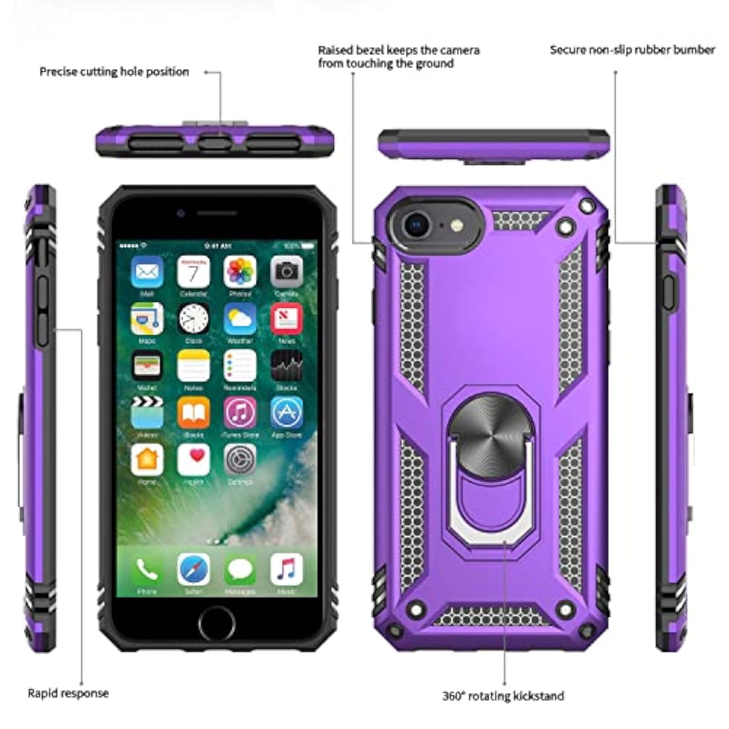 Iphone Se Case With 2Pack Tempered Glass Screen Protector, -Grade Phone Case With Magnetic Ring Kickstand For Iphone Se 2022/2020, Purple