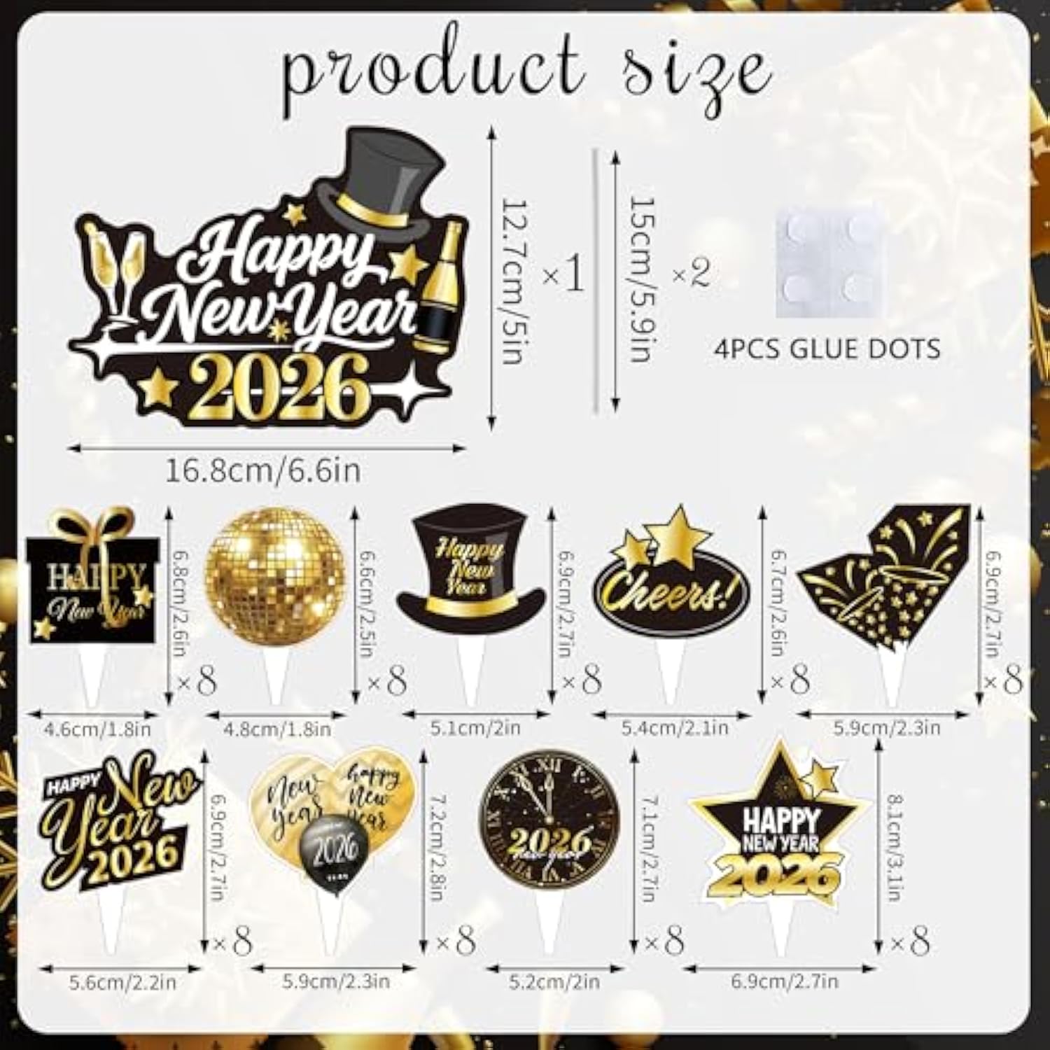 73 Pcs 2026 Happy New Year Cupcake Toppers Gold and Black for Party Decorations