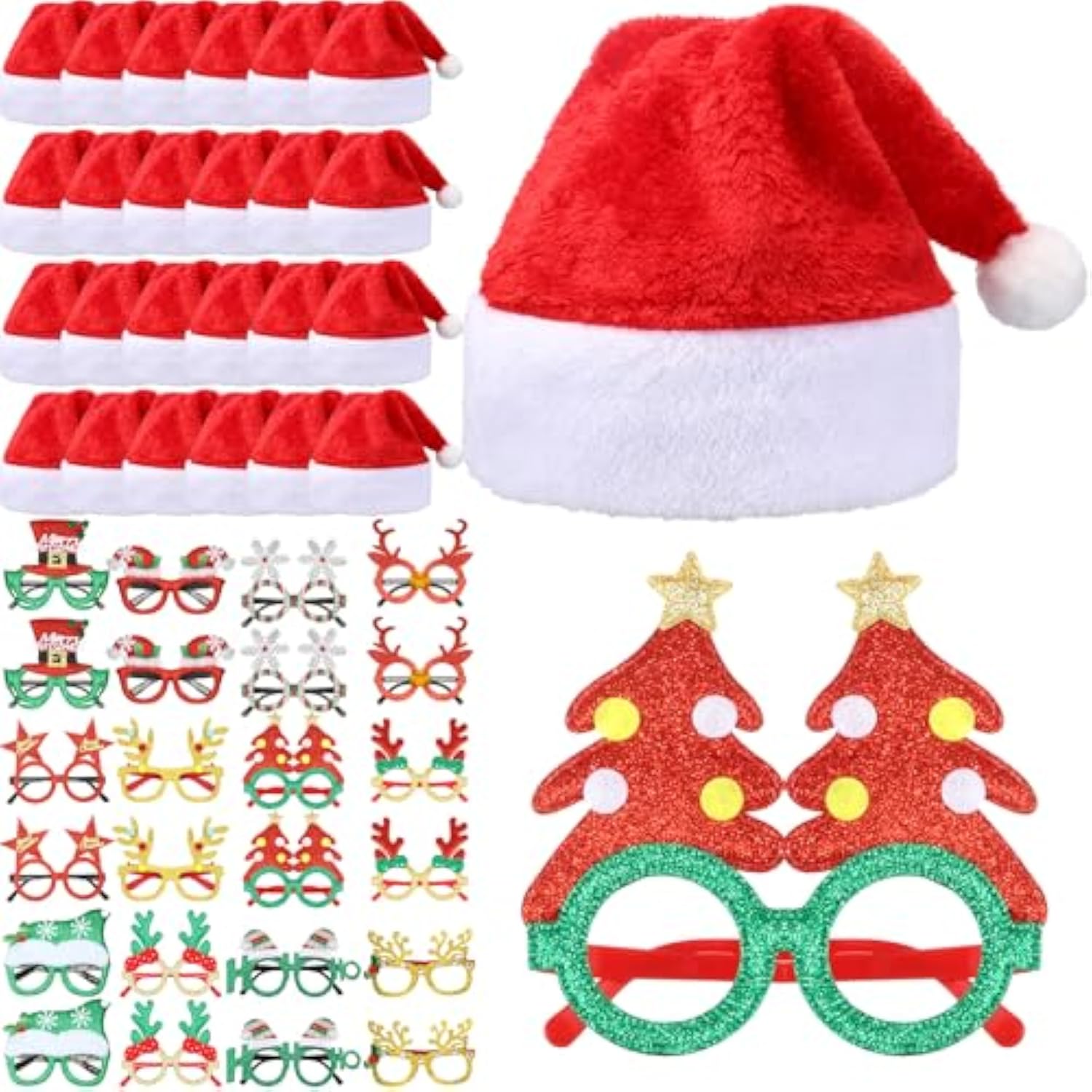 48pcs Santa Hat Glasses Costume Set Glitter Frames Xmas Photo Booth Props