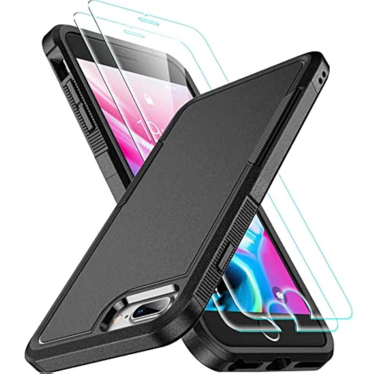 For Iphone 7/8 Plus Case, [10 Ft Grade Drop Protection] [Non-Slip] [2 Pcs Tempered Glass Screen Protector] Heavy Duty Full-Body Shockproof Case For Iphone 7/8 Plus 5.5”, Black
