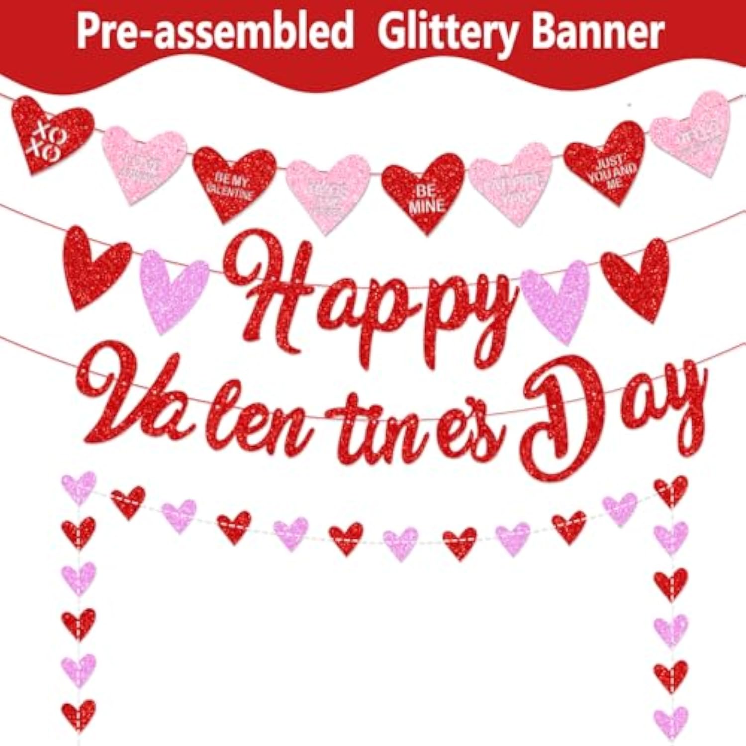 Red Glittery Valentine Party Decor - Banner, Garland, Photo Props & Heart Decorations For Fireplace & Wedding Anniversary Celebrations