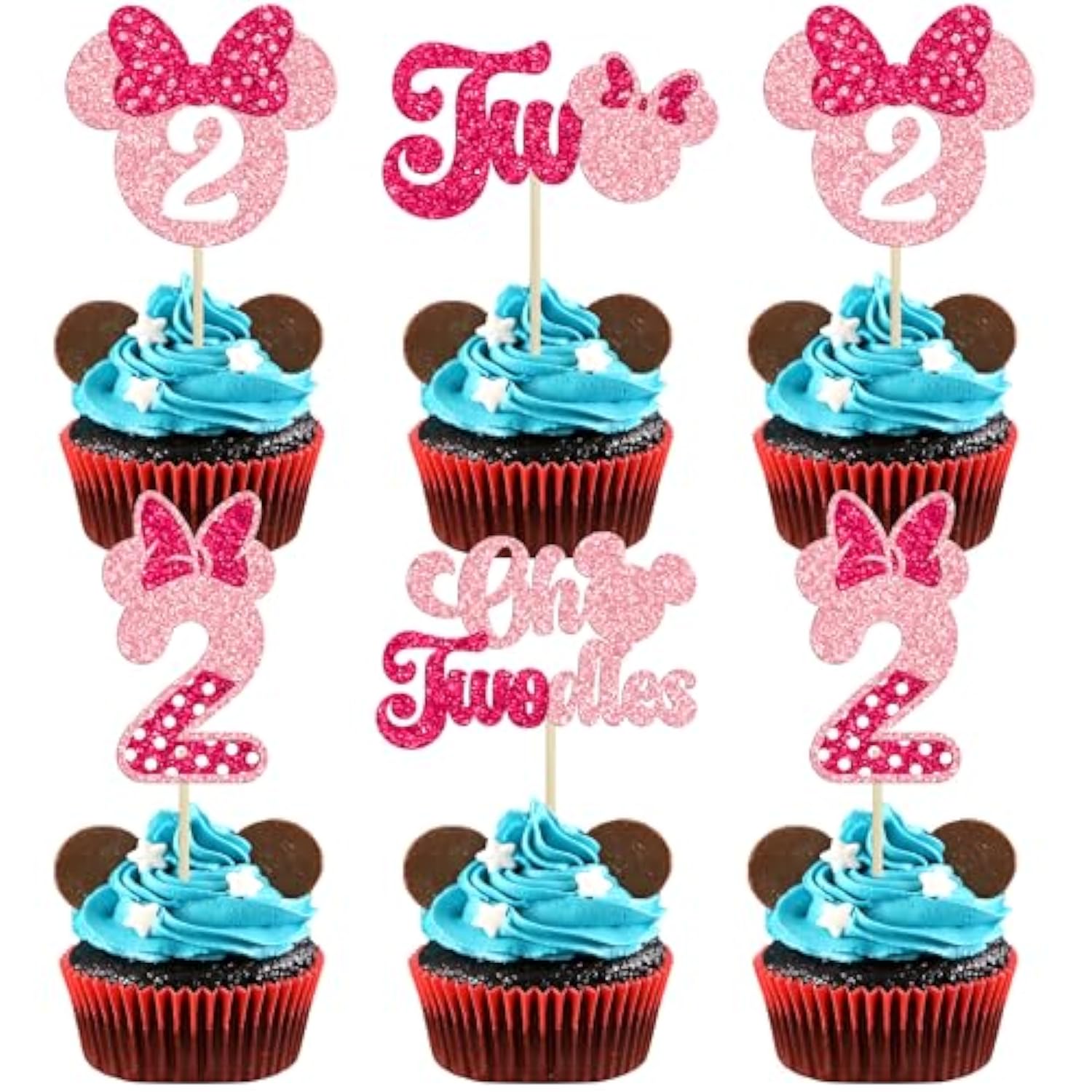 24Pcs Mouse 2Nd Birthday Cupcake Toppers, Pink Bow Mini Second Birthday Party Decorations Mouse Two Oldes Cupcake Picks For Baby Shower Birthday Party Decorations Pink Rose Red