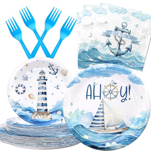 Nautical Birthday Party Decorations Set - Nautical Party Decorations, Plates, Napkins, and Forks for 20 Guests - Nautical Themed Disposable Tableware and Birthday Decorations