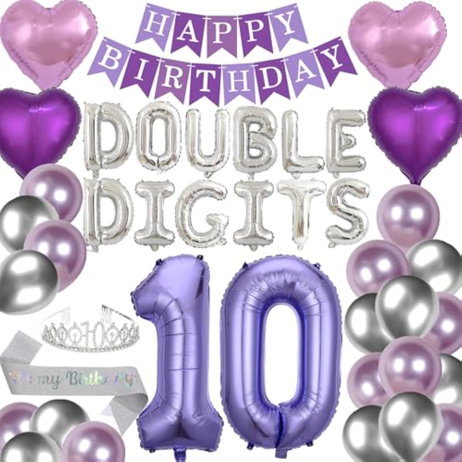 42 Pieces 10Th Birthday Decorations Double Digits Party Balloons Purple Happy Birthday Banner Silver Sash 10Th Tiara Number 10 Foil Balloons Latex Balloons For 10 Year Old Girls Party (Purple)