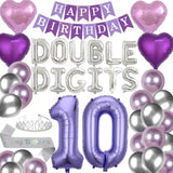 42 Pieces 10Th Birthday Decorations Double Digits Party Balloons Purple Happy Birthday Banner Silver Sash 10Th Tiara Number 10 Foil Balloons Latex Balloons For 10 Year Old Girls Party (Purple)