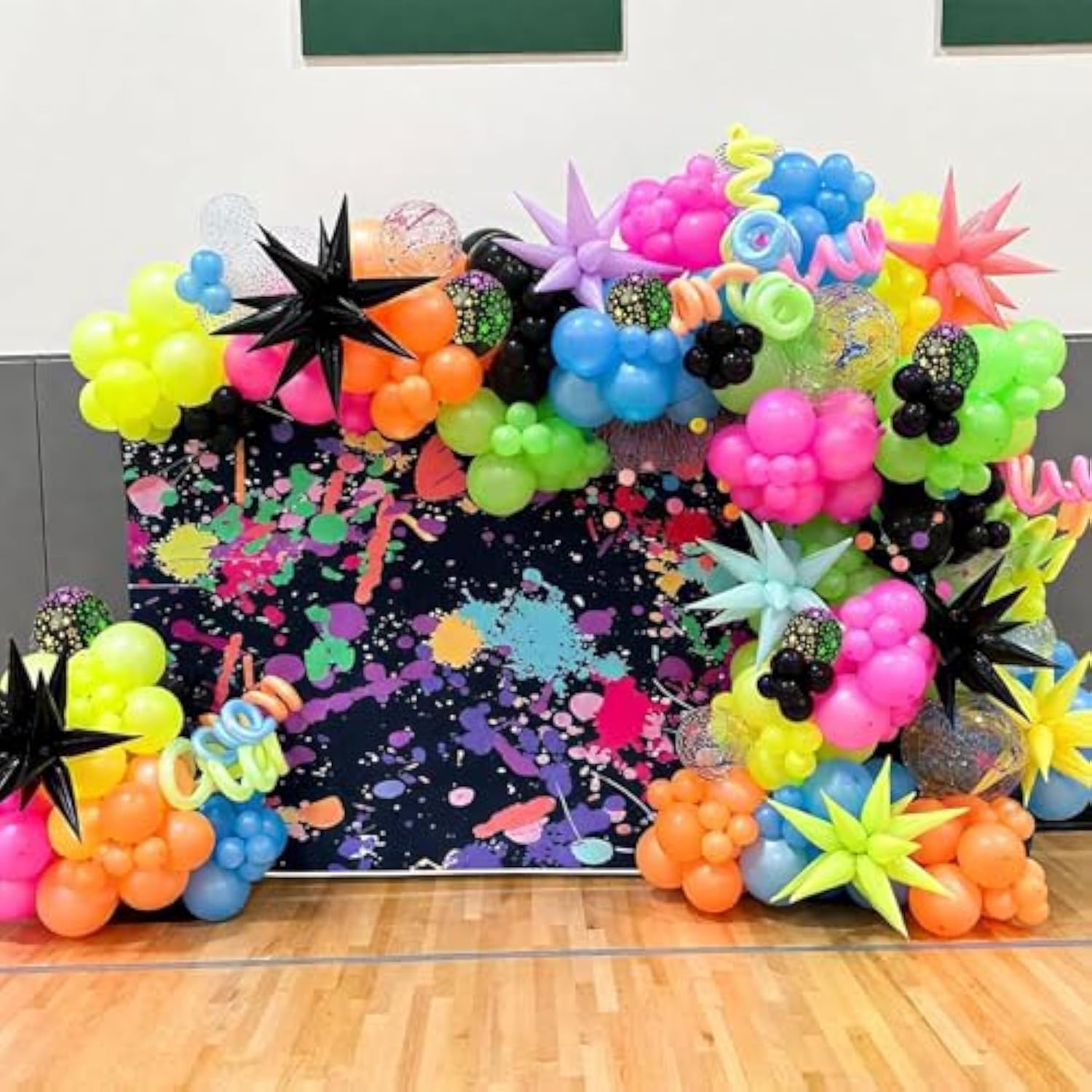 Neon Balloon Arch Kit, 122Pcs Bright Orange Green Blue Hot Pink Yellow Purple Black Rainbow Balloons With Foil Star Balloons For Neon Party Rainbow Birthday Decorations 80S 90S Disco Party Backdrop