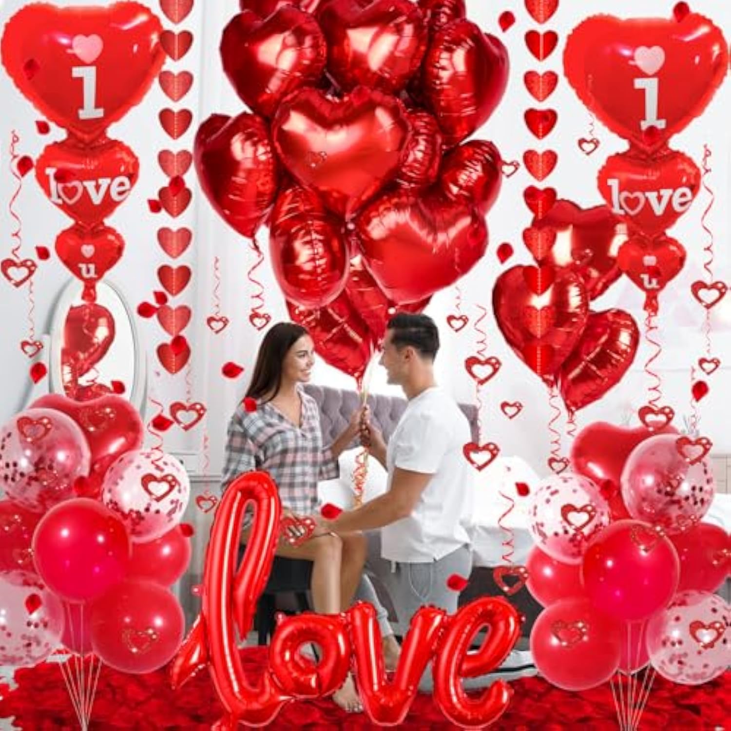 Valentines Day Decorations Set, I Love You Balloons And Red Heart Balloons With Fake Rose Petals For Valentines Day Party Wedding Anniversary Engagement Decor