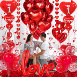 Valentines Day Decorations Set, I Love You Balloons And Red Heart Balloons With Fake Rose Petals For Valentines Day Party Wedding Anniversary Engagement Decor