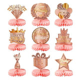 9 Pcs Birthday Table Decorations, Pink Rose Gold Honeycomb Centerpieces