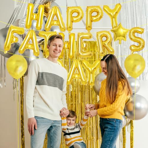 16 Inches HAPPY FATHER'S DAY Letter Balloon Banner with Star and Latex Balloons - Mylar Foil Alphabet Balloons Sign for Father's Day Dad Party Decorations, Family Gathering Supplies (Gold)