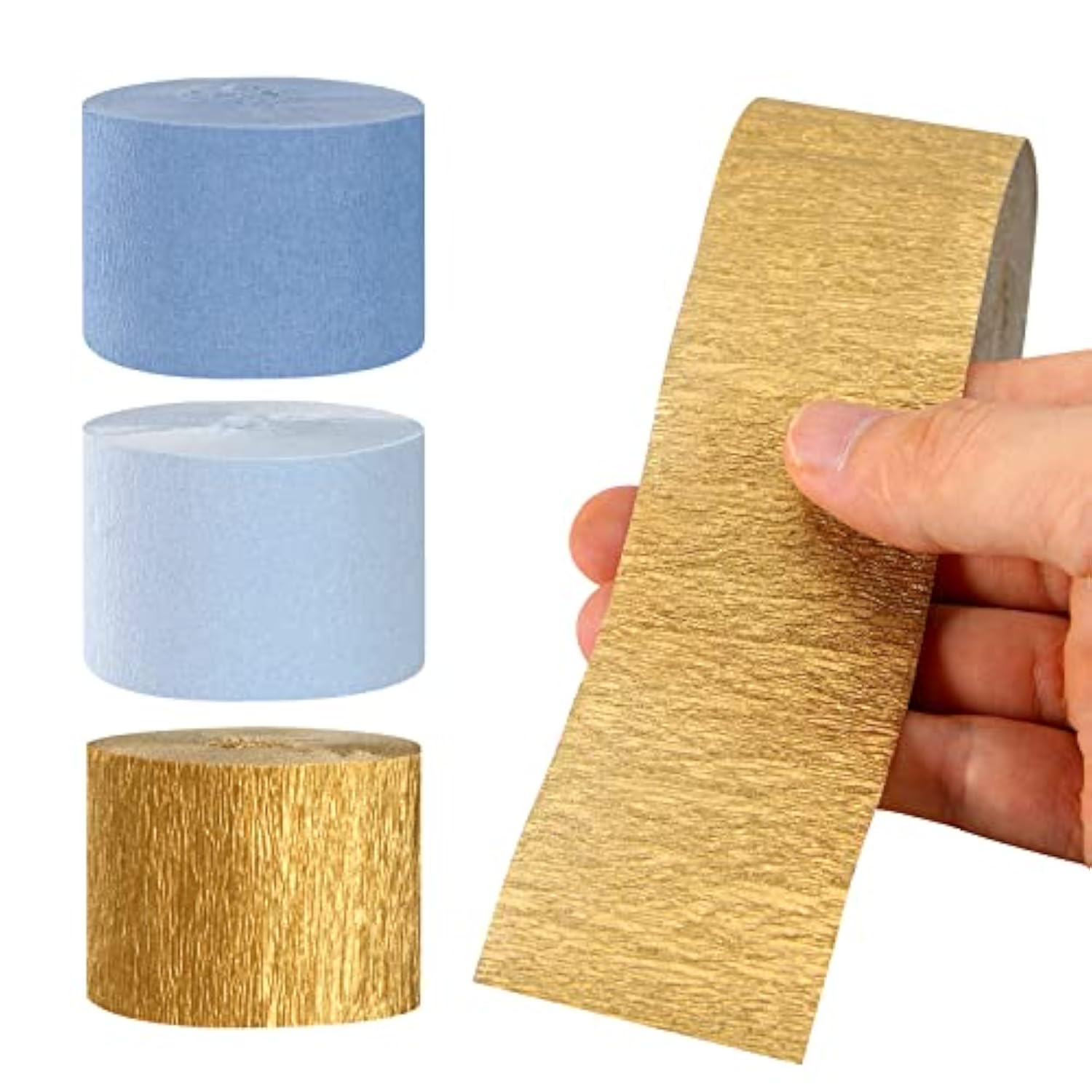 Dusty Blue & Gold Crepe Paper Streamers: Party Decoration Set