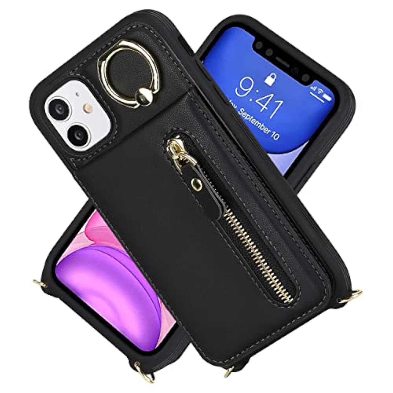 Iphone 11 Phone Case With Card Holder For Women, Iphone 11 Case Wallet With Strap Credit Card Slots Crossbody With Kickstand Zipper Shockproof Case For Iphone11 - Black