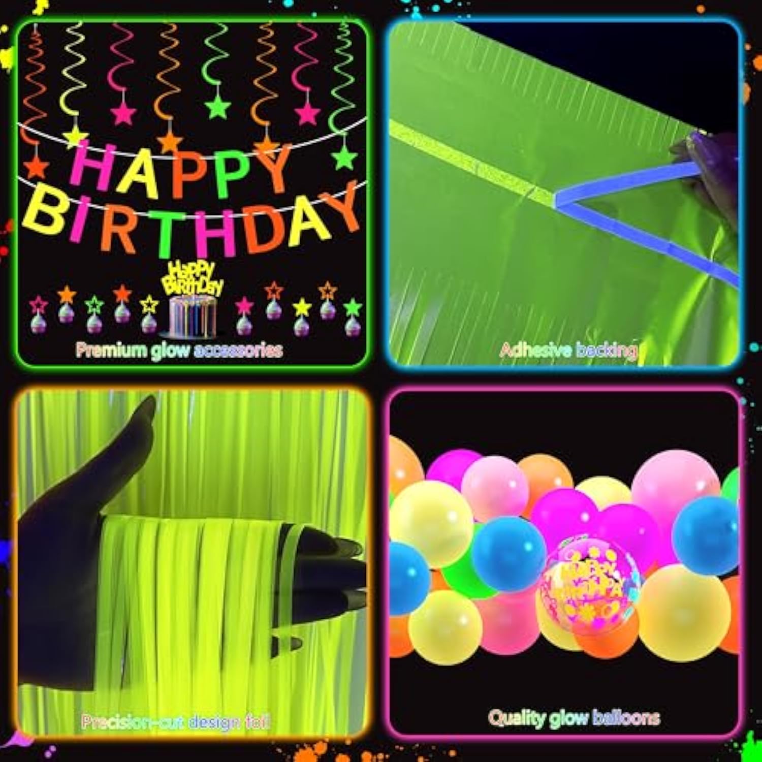 Glow In The Dark Party Supplies Kit - Neon Birthday Decorations With Balloon Garland Arch, Fluorescent Tinsel Curtains, Star Swirls, Cake Toppers & Table Skirt (100+ Pieces)